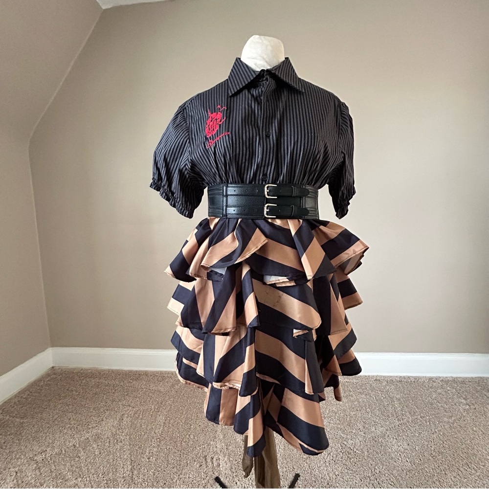 Chargrels original Striped Black and Tan Ruffle Mini Dress